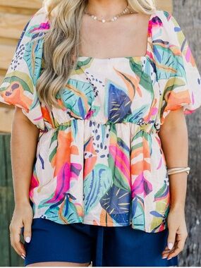Chic Soul Tropical Square-Neck Peplum Top - fits like 2-3x